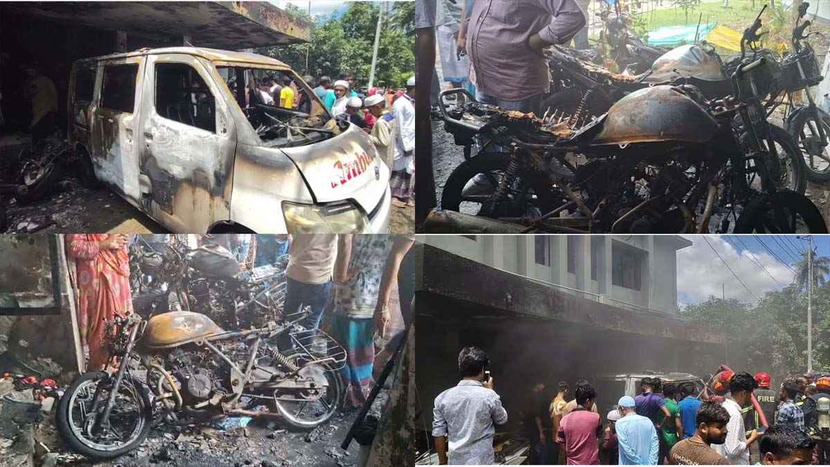 সিলিন্ডার বিস্ফোরণে অ্যাম্বুলেন্সে আগুন, ভস্মীভূত ৮ মোটরসাইকেল
